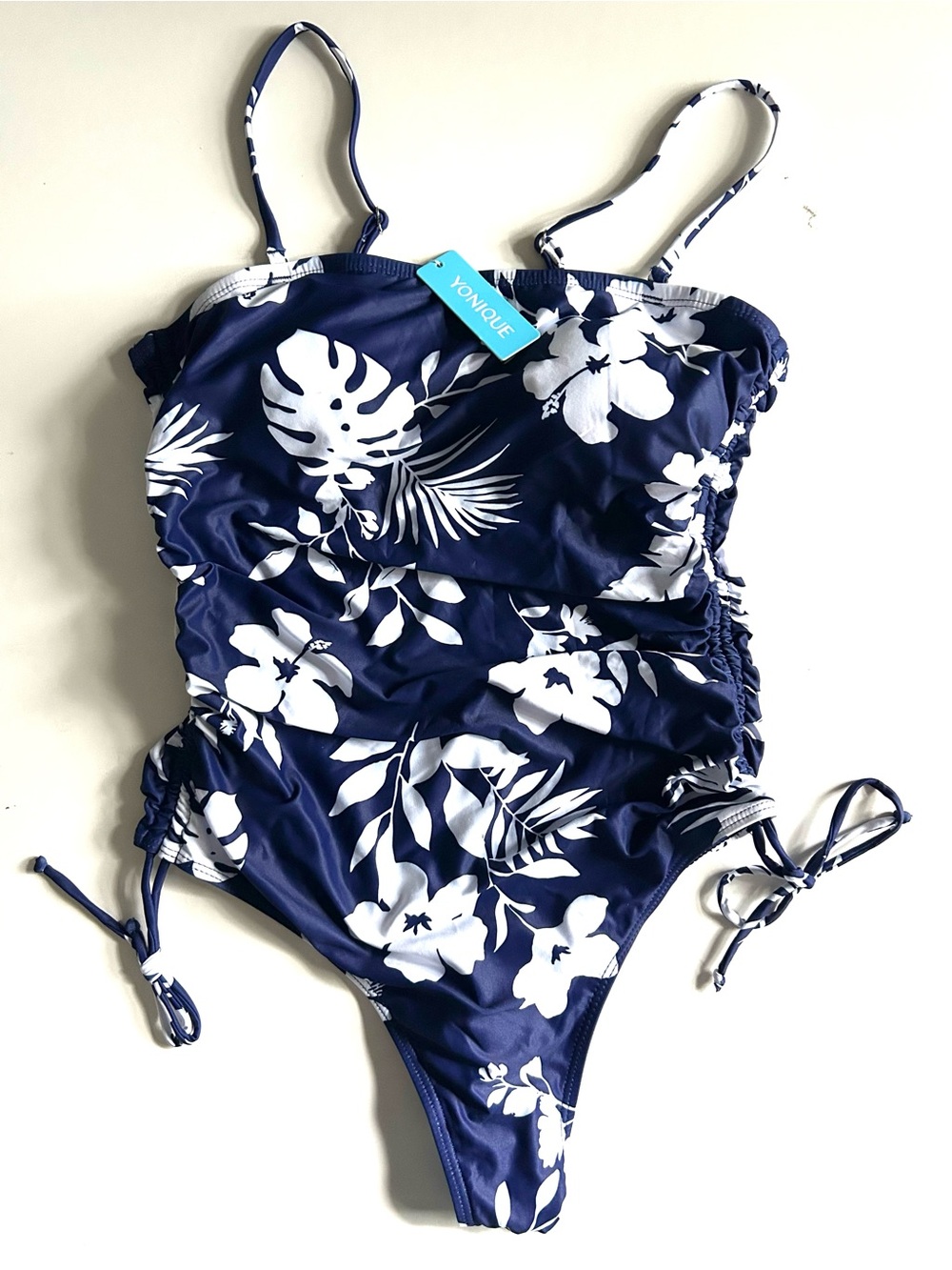 Women’s Yonique Navy & White Tropical Floral One-Piece Swimsuit SZ LG New w Tags